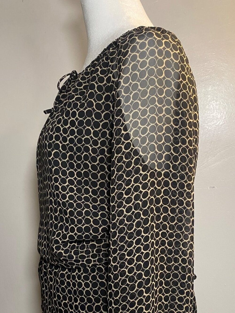 Style & Co Black Beige Geometric Blouse 1X Sheer Balloon Sleeve Top - Picture 2 of 8